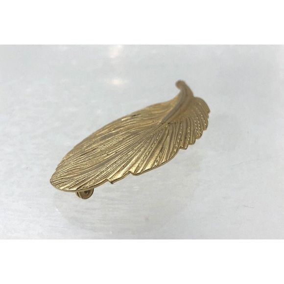 Gold Tone Feather Brooch Leaf Pin Jewelry - Picture 7 of 9